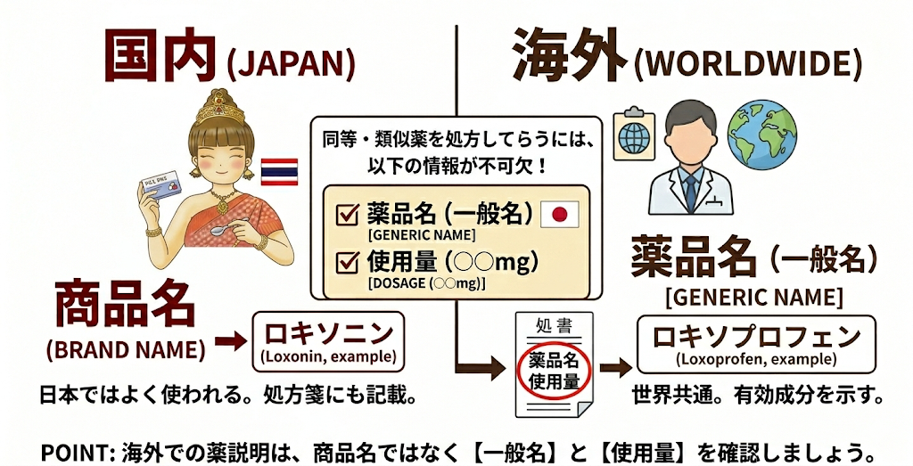 国内外の医療薬品に対する商品名と薬品名の扱い