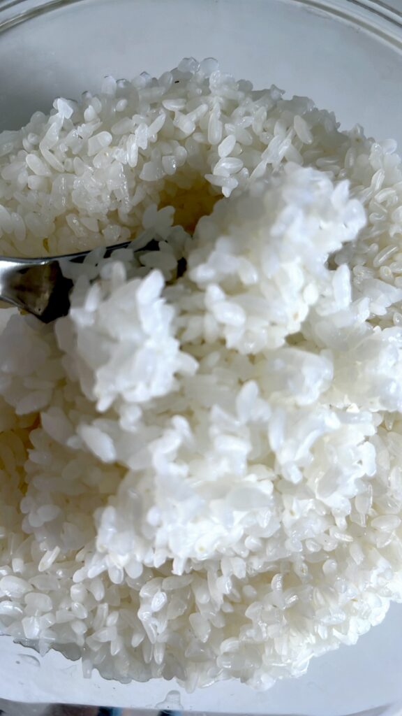 ガラス容器で炊いた、出来上がりのご飯