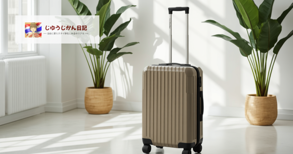 白い室内に観葉植物、真ん中にスーツケースが一つ置かれたイメージ図