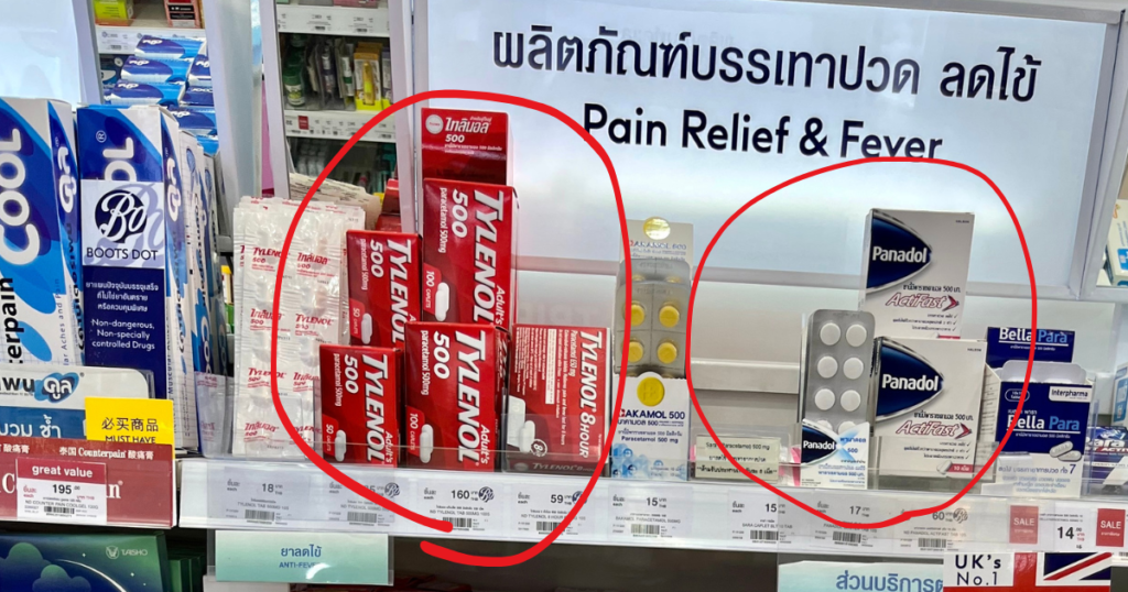 Boots店頭に販売されている
TylenolとParacetamol