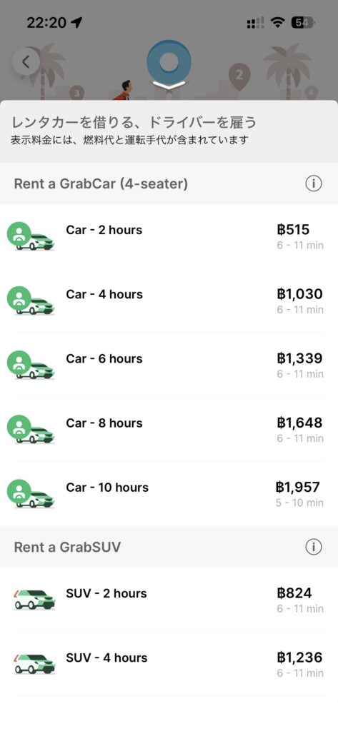  grabアプリのアイフォンでのスクリーショット、時間レンタルの画面