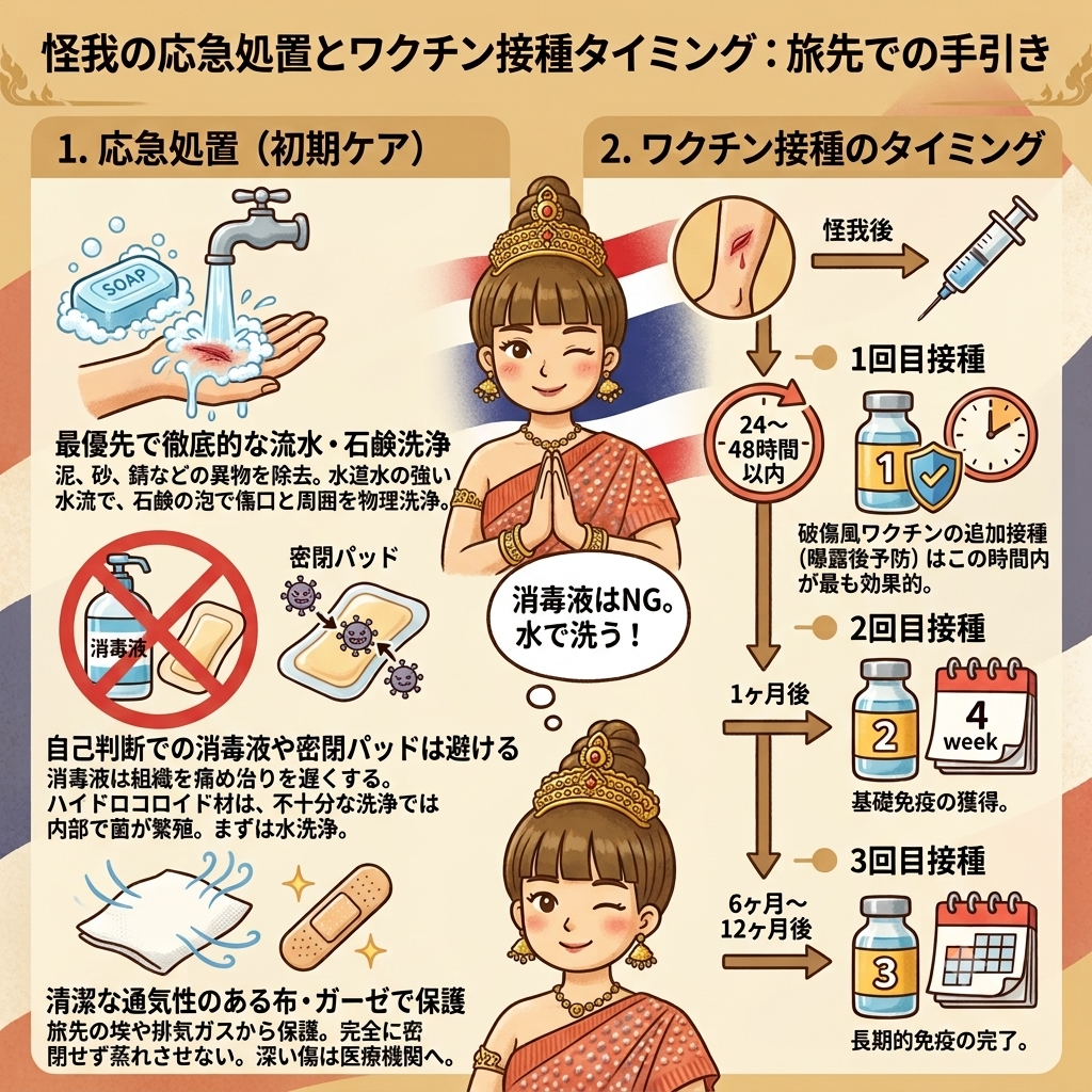 怪我の応急処置とワクチン接種のタイミングの説明