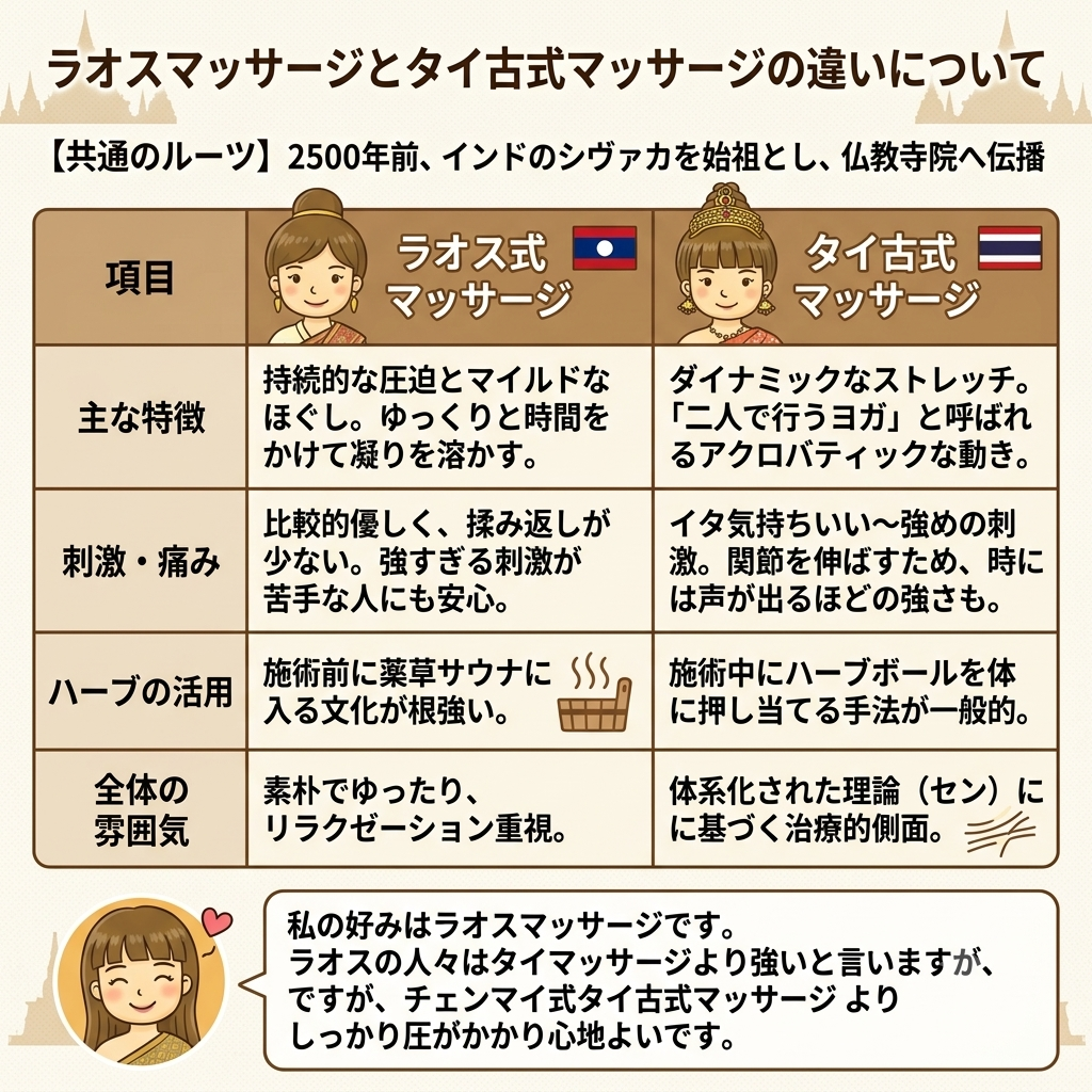 ラオスマッサージとタイ古式マッサージの違いの説明画像