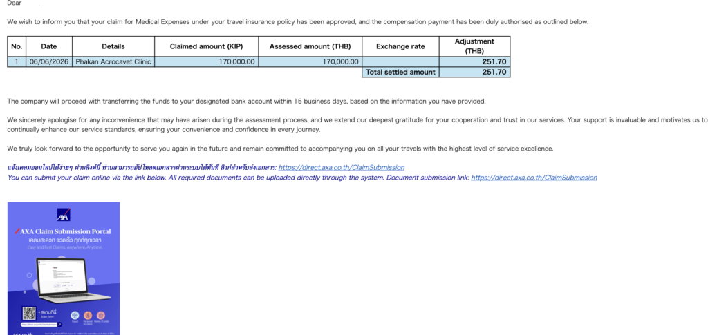 XA Thailand(アクサタイ)から届いたClaim Settlement Schedule【保険金支払スケジュール】のメール