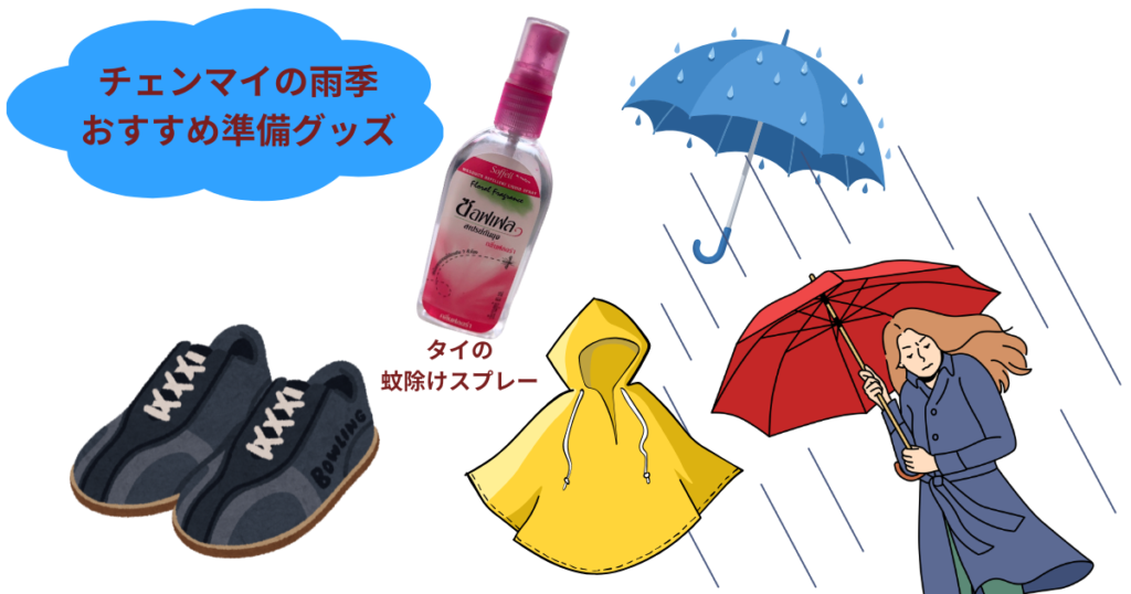 「チェンマイの雨季　おすすめ準備グッズ」の絵、傘・レインコート・靴・虫除けスプレーなどが描かれている