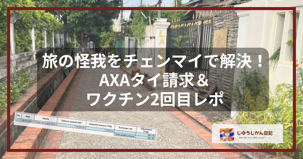 ラオスの古民家が並ぶ坂道の街並みを背景に、AXAタイの保険金支払承認メールの金額表と、『旅の怪我をチェンマイで解決！AXAタイ請求＆ワクチン2回目レポ』というタイトル文字、そして『じゆうじかん日記』のロゴが配置されたブログ記事のアイキャッチ画像