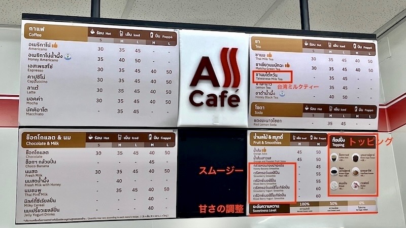 タイのセブンイレブン内にある、all cafeのメニュー表