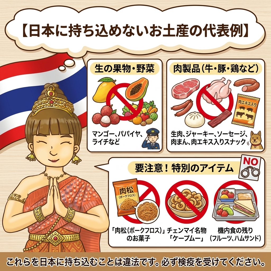 【日本に持ち込めないお土産の代表例】が描かれた画像