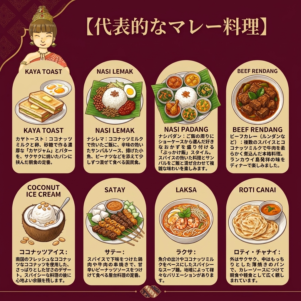 代表的なマレー料理、8種類のメニューが絵で紹介されている。