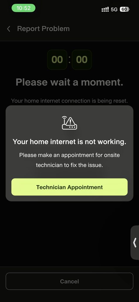 myAISアプリのSupport画面のScreenshot
自宅のインターネットが壊れており、技術者の予約を求めている