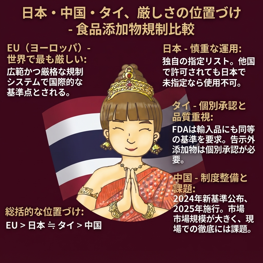 日本・中国・タイに関する食品添加物規制比較を解説する画像