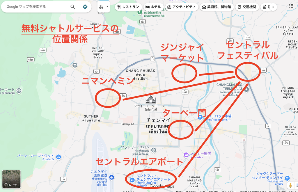 無料シャトルサービスの運行位置関係の地図