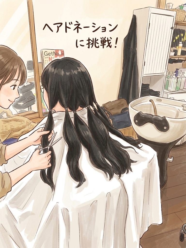 美容室でのヘアドネーションの様子、ゴムで6束にまとめカットしている絵