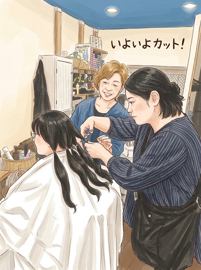 美容室での様子、美容師さんに見守られながら妹がカットしている絵