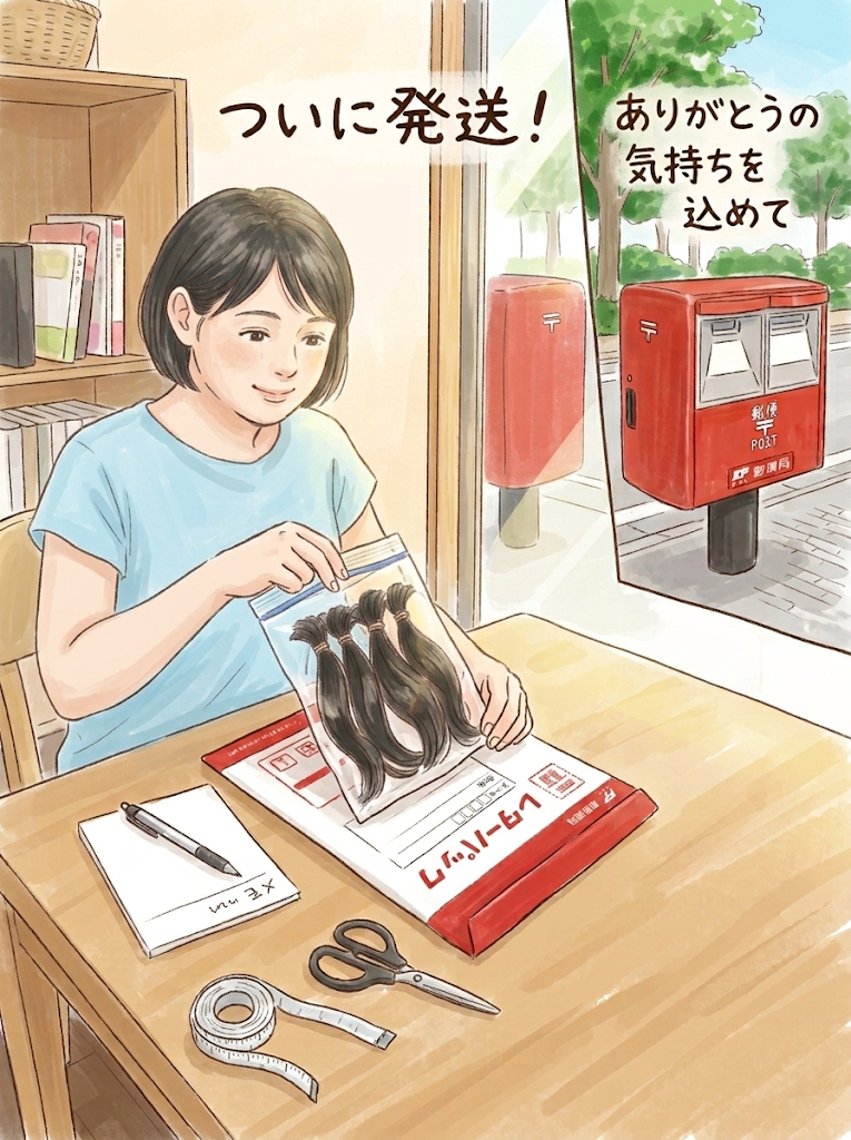 ヘアドネーション用にカットした髪の毛をジップロックに入れて、レターパックに入れて郵送準備している絵