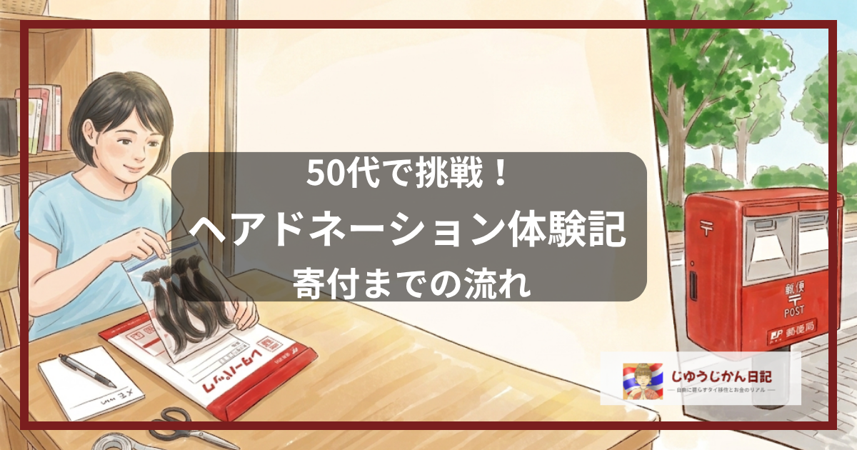「50代で挑戦！ヘアドネーション体験記 寄付までの流れ」のタイトル文字と、束ねた髪の毛やレターパックを机に置き、郵便ポストへ投函する準備をしている女性のイラストが描かれたアイキャッチ画像
